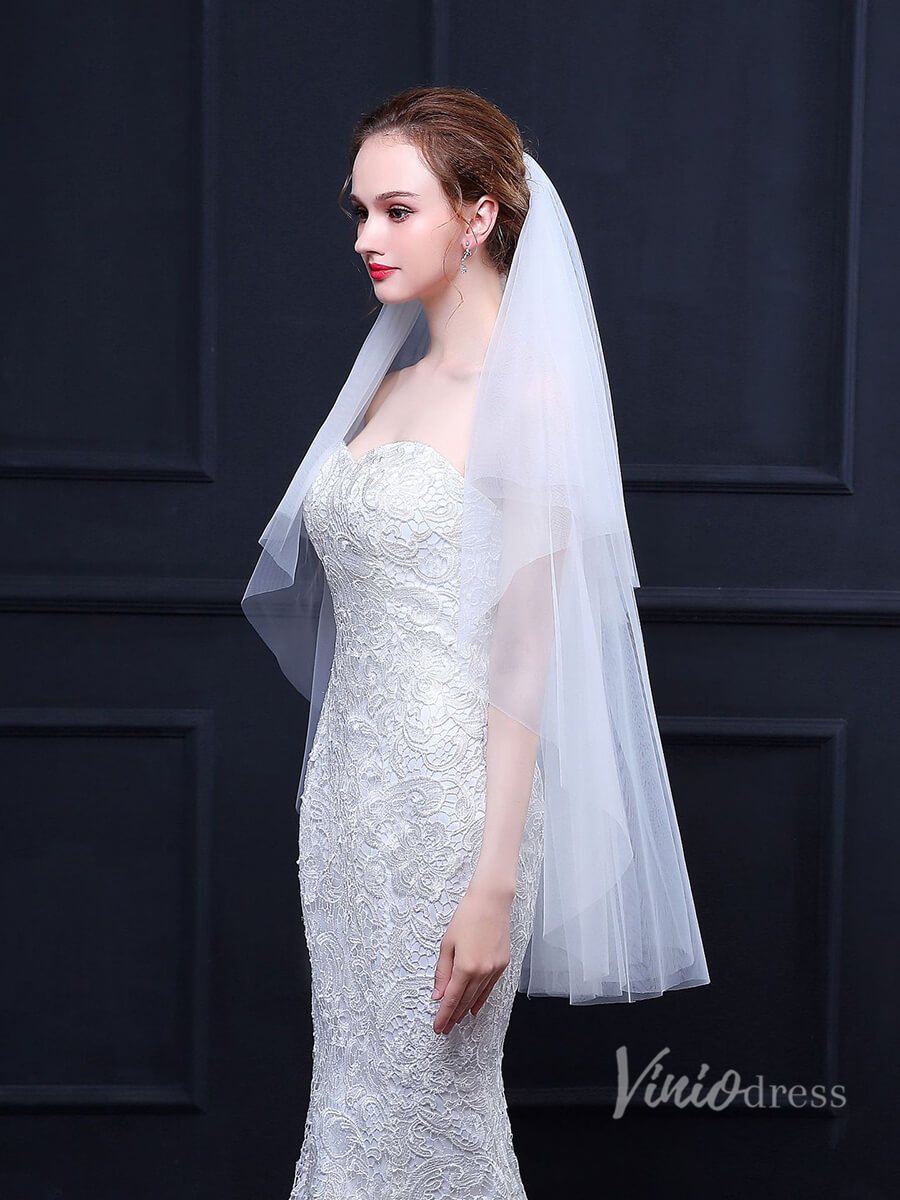 Simple White Fingertip Length Bridal Veil with Blusher Viniodress TS18022-Veils-Viniodress-Viniodress