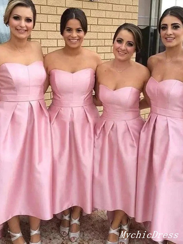 Short Hot Pink Satin Bridesmaid Dresses Sweeteart Simple Wedding Guest Dresses