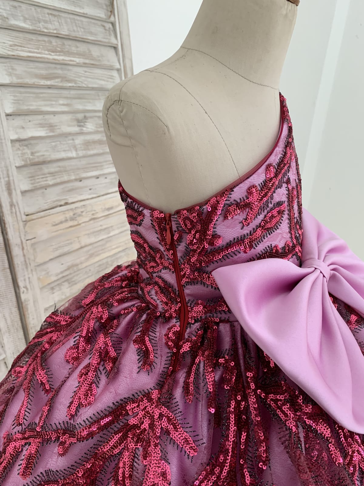 One Shoulder Single Sleeves Fuchsia Sequin Satin Wedding 