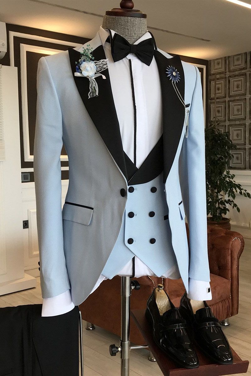 Sky Blue 3-Pieces Black Peaked Lapel Slim Fit Men's Prom Suits-showprettydress