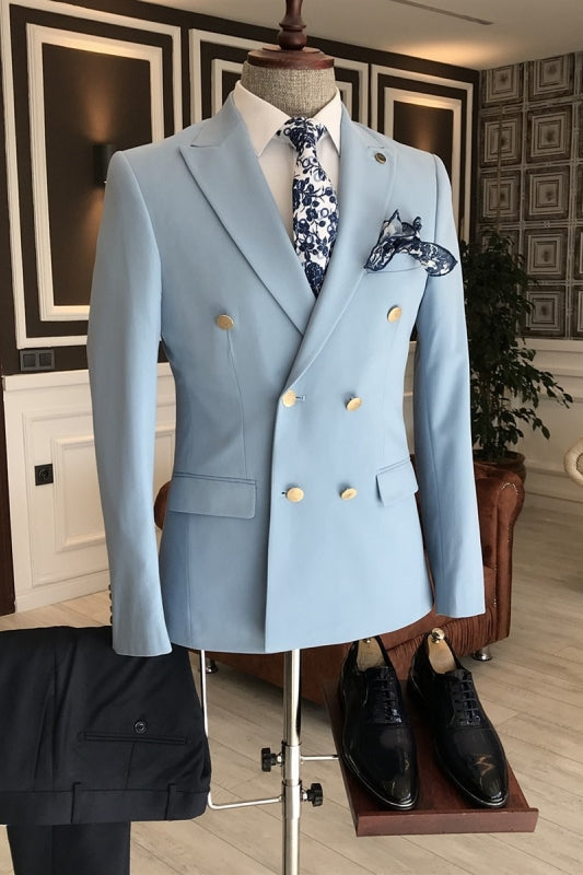 Harper Sky Blue Peaked Lapel Double Breasted Bespoke Prom Suits