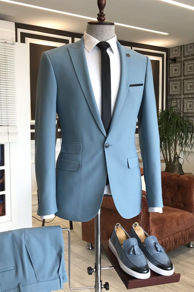 Sky Blue Peaked Lapel 3 Flaps Mens Prom Outfits-showprettydress