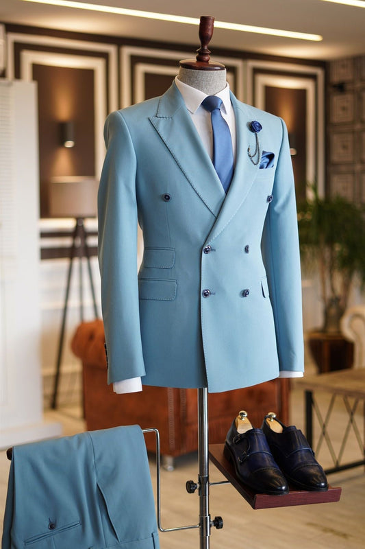 Sky Blue Peaked Lapel Double Breasted Bespoke Men's Prom Suits-showprettydress