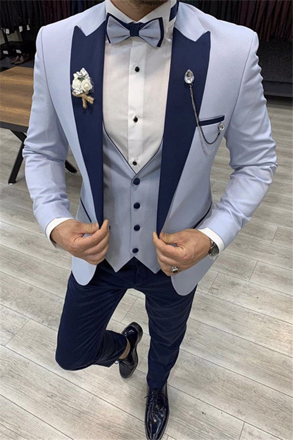 Sky Blue Peaked Lapel Slim Fit Peaked Lapel Men Suits-showprettydress