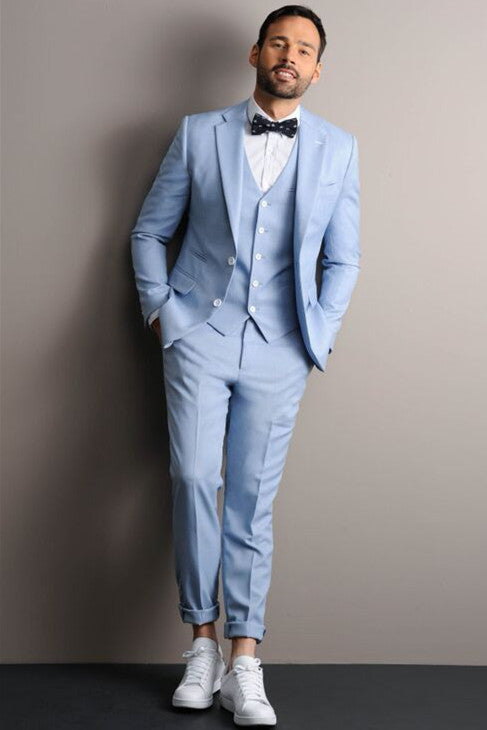 Sky Blue Three Pieces Notched Lapel Designer Men Suits-showprettydress