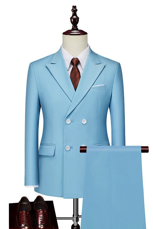 Classical  Sky Blue Two Pieces Peaked Lapel Double Breasted Prom Suits For Men