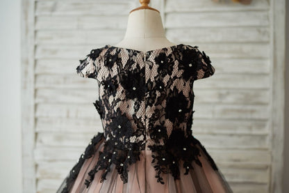 Cap Sleeves Black Lace Tulle Mauve Lining Wedding Flower 