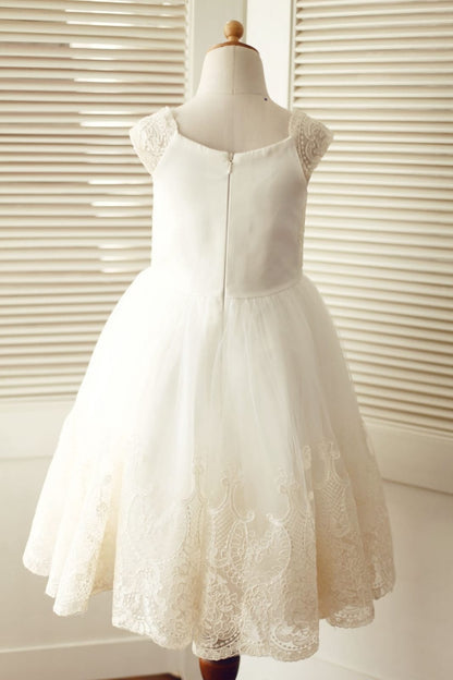 Cap Sleeves Champagne Lace Ivory Tulle Wedding Flower Girl 