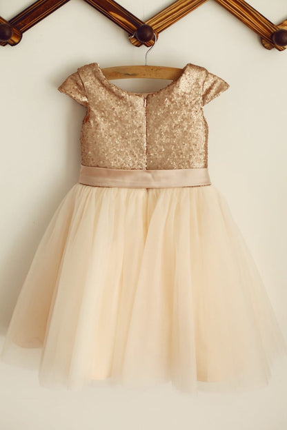 Cap Sleeves Champagne Sequin Tulle Wedding Flower Girl Dress