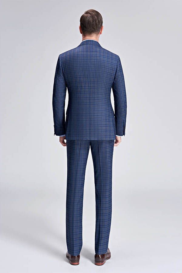 Small Checked Pattern Gentle Mens Suits Peak Lapel Blue Suits for Men-showprettydress