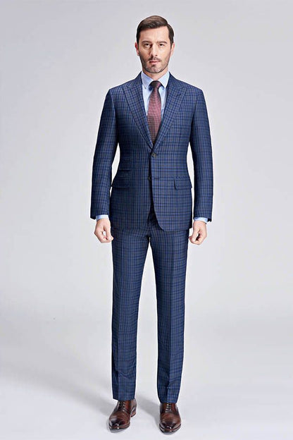 Small Checked Pattern Gentle Mens Suits Peak Lapel Blue Suits for Men-showprettydress