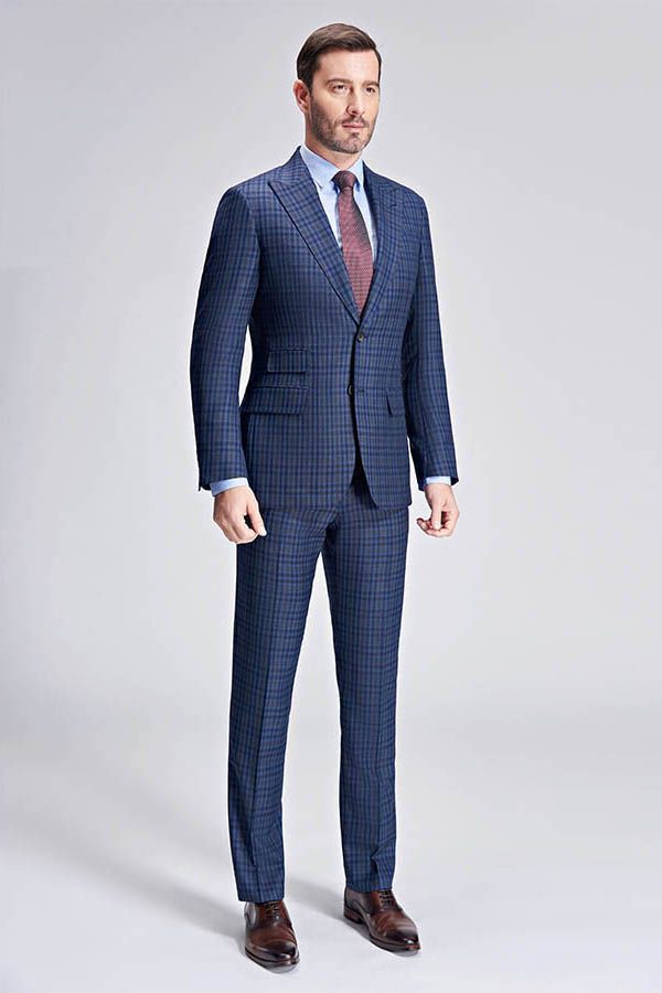 Small Checked Pattern Gentle Mens Suits Peak Lapel Blue Suits for Men-showprettydress