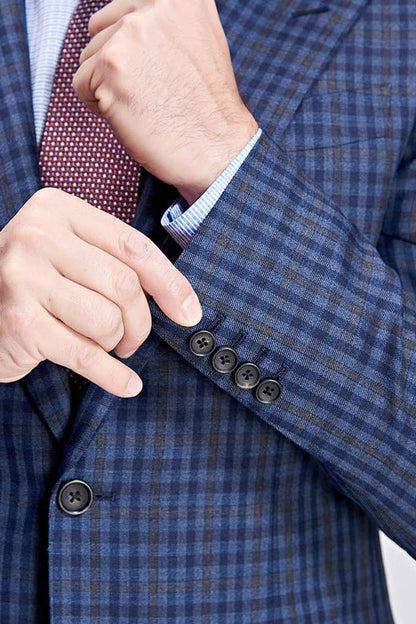 Small Checked Pattern Gentle Mens Suits Peak Lapel Blue Suits for Men-showprettydress