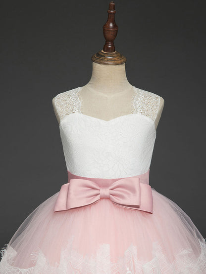 Soft Pink Kids Dress Lace Bows A-line Girls Pageant Dress-showprettydress