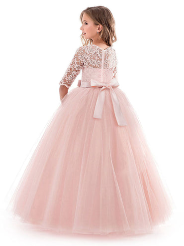 Soft Pink Kids Dress Lace Half Sleeve Bows Tulle A-line Girls Pageant Dress-showprettydress