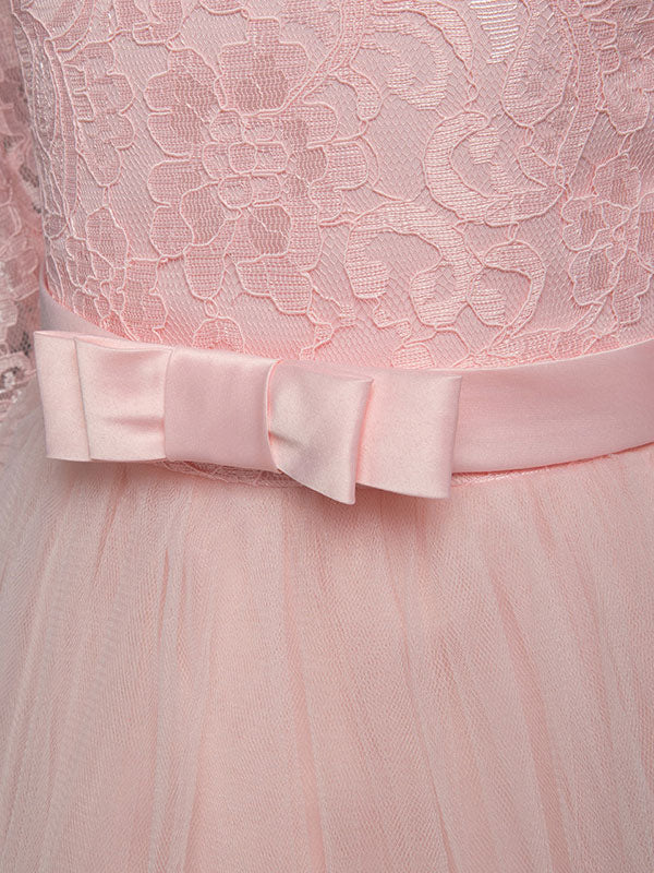 Soft Pink Kids Dress Lace Half Sleeve Bows Tulle A-line Girls Pageant Dress-showprettydress