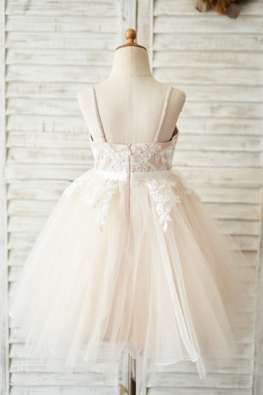 Spaghetti straps Ivory lace Peach Pink Tulle V Neck Wedding 