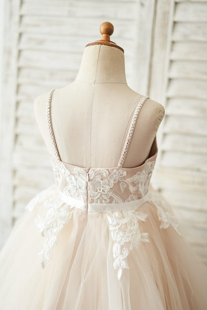 Spaghetti straps Ivory lace Peach Pink Tulle V Neck Wedding 