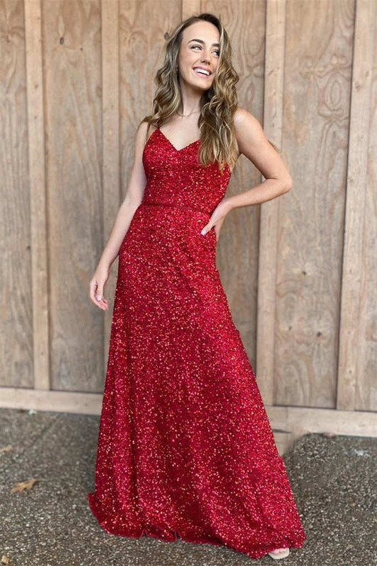 Roycebridal Spaghetti Straps Red Sequins Long Prom Dress