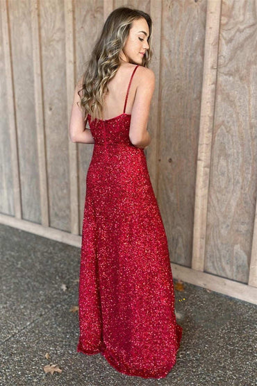 Roycebridal Spaghetti Straps Red Sequins Long Prom Dress