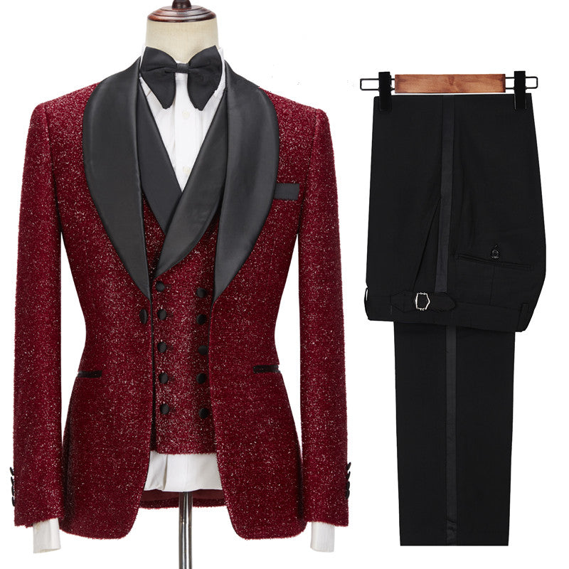 Sparkle Red Three Pieces Wedding Suits with Black Shawl Lapel-showprettydress