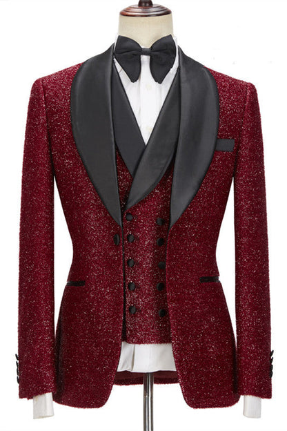 Sparkle Red Three Pieces Wedding Suits with Black Shawl Lapel-showprettydress