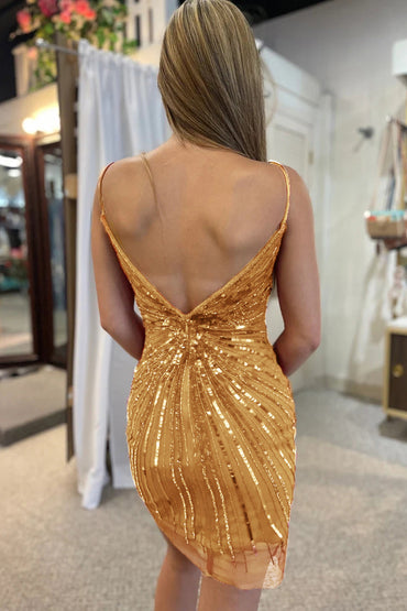 Sparkly Golden Sequined V-Neck Tight Homecoming Dress