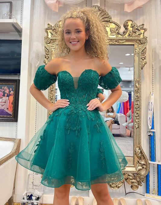 Sparkly Green A-Line Beaded Appliques Homecoming Dress with Detachable Sleeves