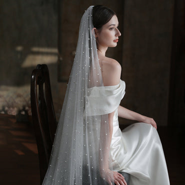 Sparkly Long Tulle Pearl Veil for Brides Viniodress V873-Veils-Viniodress-Ivory-300cm-Viniodress