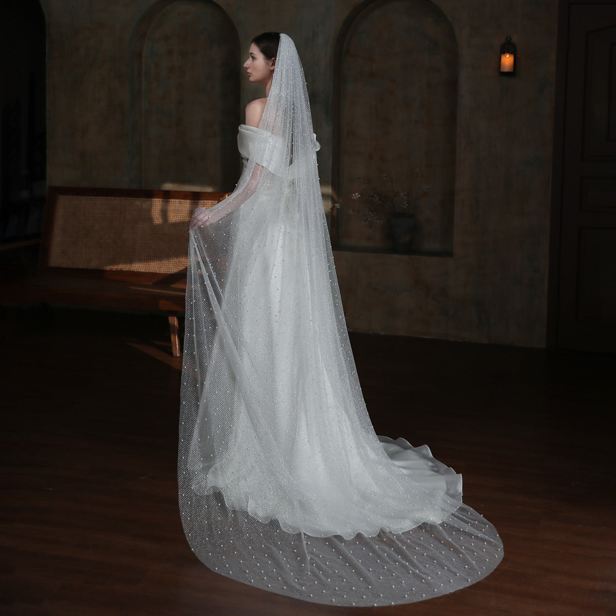 Sparkly Long Tulle Pearl Veil for Brides Viniodress V873-Veils-Viniodress-Ivory-300cm-Viniodress