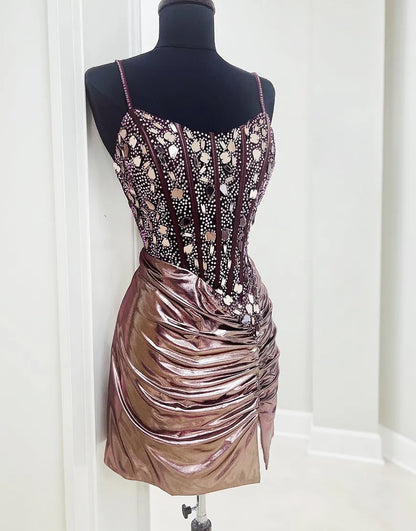 Sparkly Rose Gold Tight Satin Pleats Beaded Corset Homecoming Dress