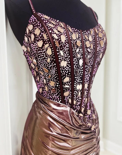 Sparkly Rose Gold Tight Satin Pleats Beaded Corset Homecoming Dress