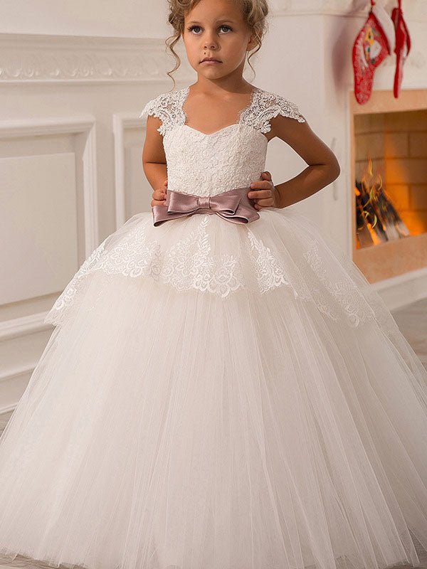 Square Neck Lace Short Sleeves Ankle Length Ball Gown Bows Kids Pageant flower girl dresses-showprettydress