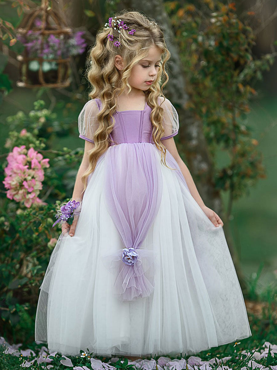 Square Neck Taffeta Short Sleeves Ankle Length Princess Flowers Kids Social Party Dresses-showprettydress