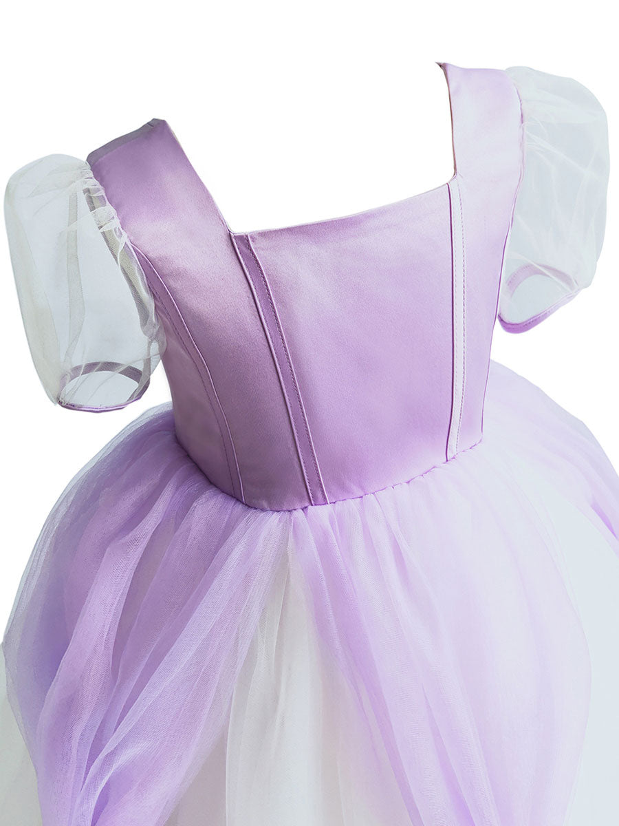 Square Neck Taffeta Short Sleeves Ankle Length Princess Flowers Kids Social Party Dresses-showprettydress