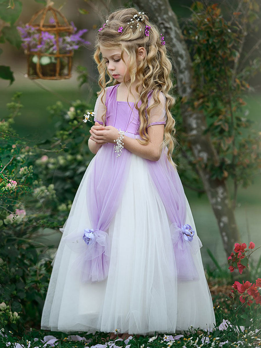 Square Neck Taffeta Short Sleeves Ankle Length Princess Flowers Kids Social Party Dresses-showprettydress