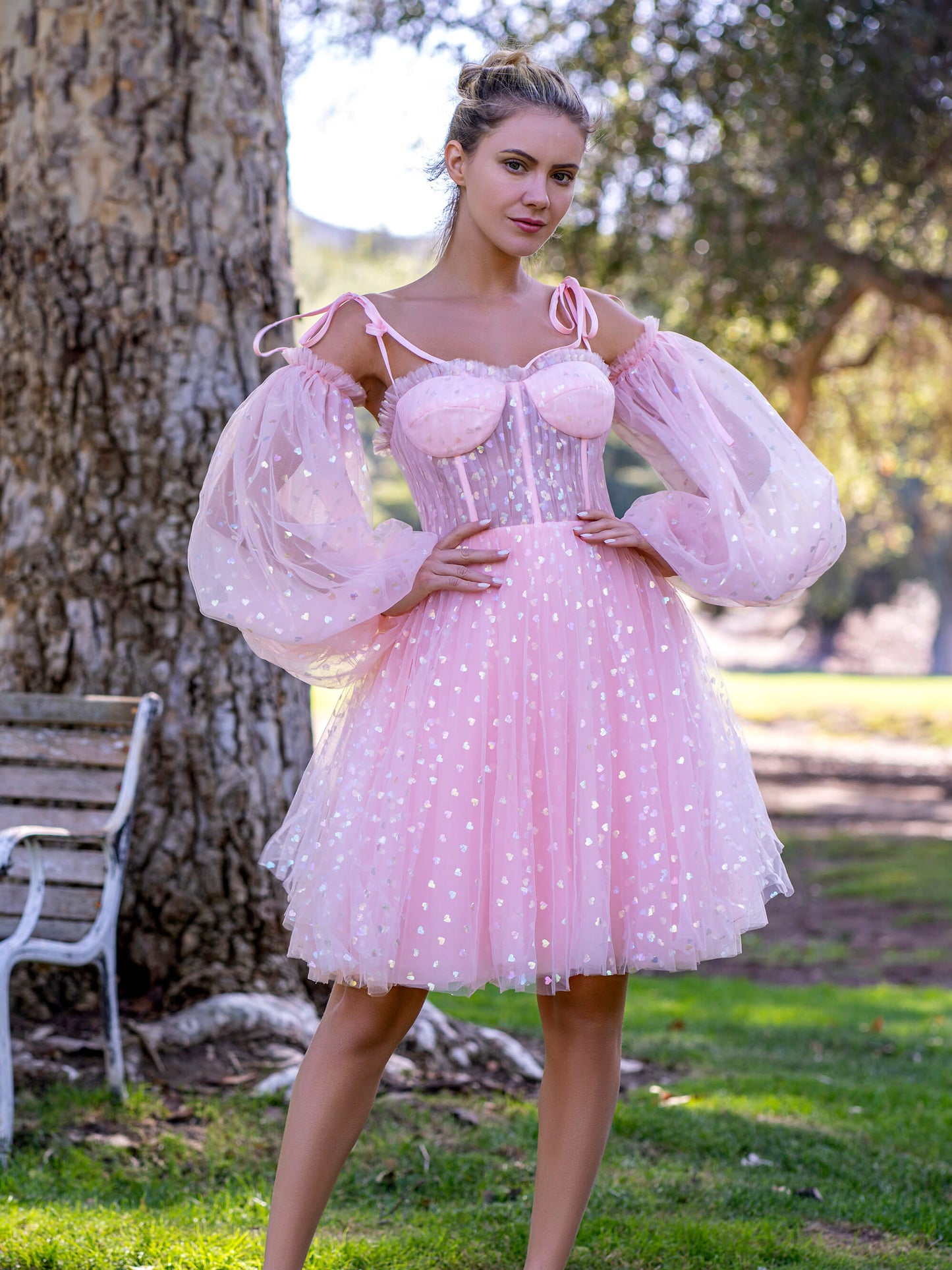 Corset Glitter Hearts Above Knee Length Tulle Dress