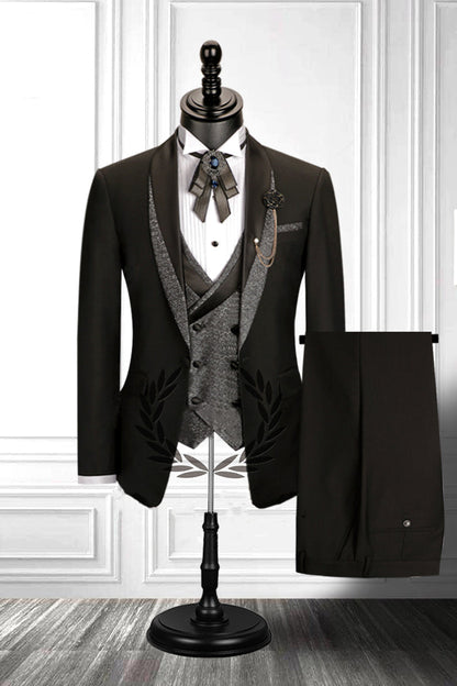 Stitching Shawl Lapel Black Three-piece Men Suit with Double Breasted Waistcoat-showprettydress