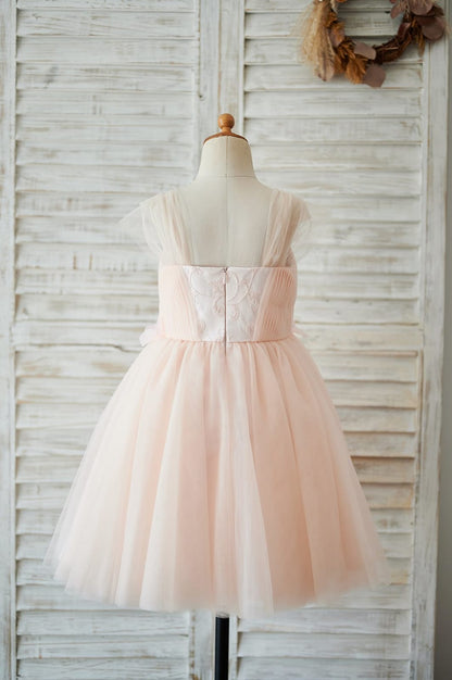 Strap Blush Pink Lace Tulle Wedding Flower Girl Dress with 