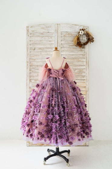 3D Purple Lace Flower Tulle Wedding Flower Girl Dress Kids 