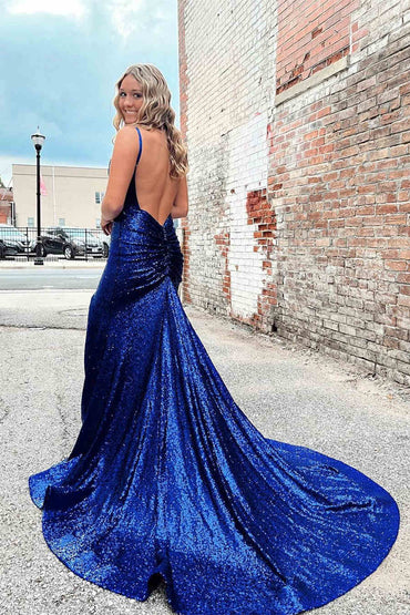 Roycebridal Straps Mermaid Prom dress with Slit in Royal Blue