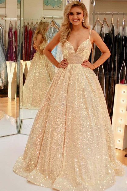 Roycebridal Stunning Pink Sequins A-Line Long Prom Dress