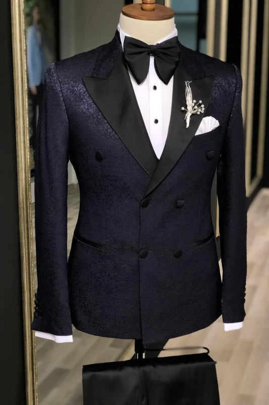 Roy Stylish Black Jacquard Peaked Lapel Double Breasted Prom Suits