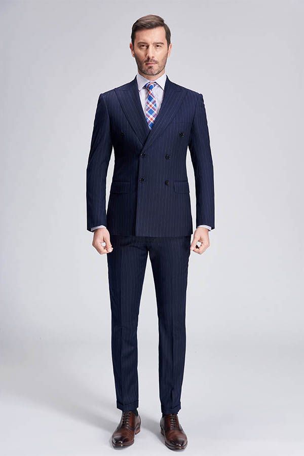 Superior Peak Lapel Double Breasted Mens Suits Pinstripe Dark Navy Suits for Men Formal-showprettydress