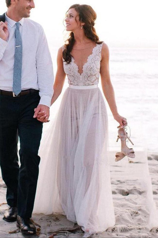 White Tulle Deep V Neck Lace Beach Wedding Dresses, Bridal Dresses, MW210