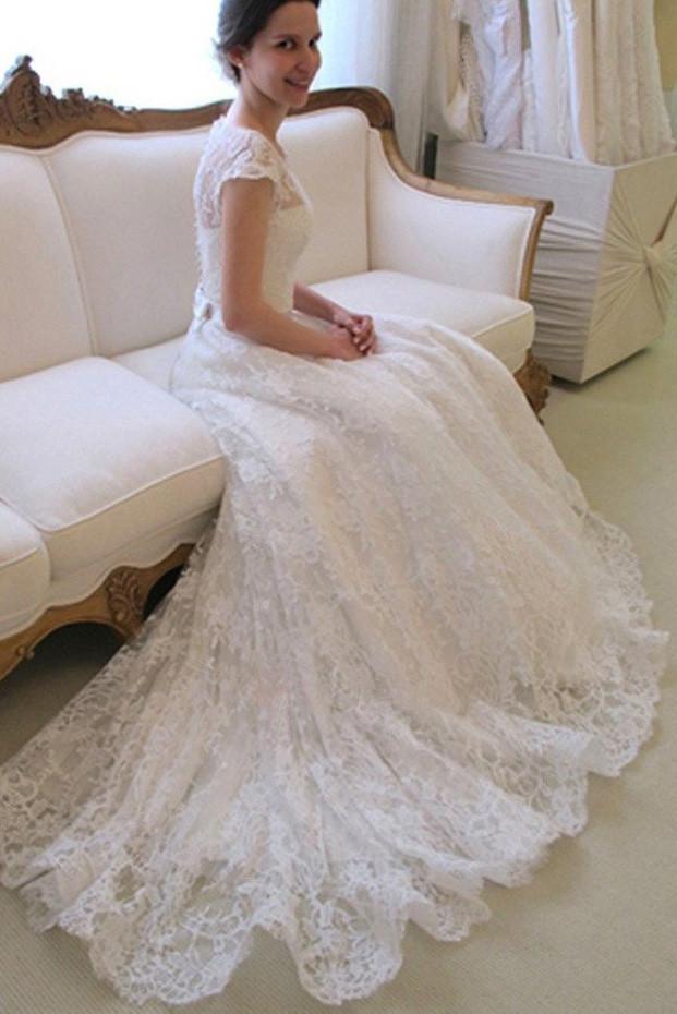 Roycebridal Affordable Cap Sleeve Lace A Line Wedding Dresses, Long Wedding Gowns, Bridal Dress, MW113