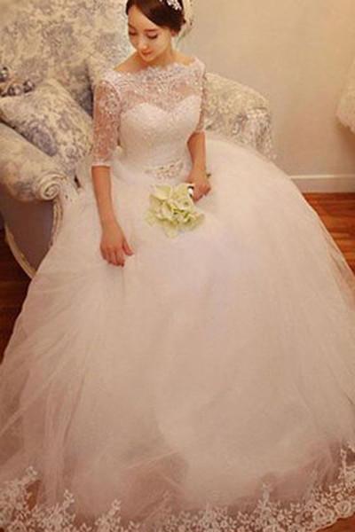 White Lace Tulle Half Sleeve Wedding Dresses with Beading, Bridal Gowns, MW159