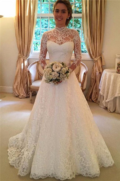 High Neckline Lace A line Long Sleeve Open Back Wedding Dress, Bridal Dresses, MW166