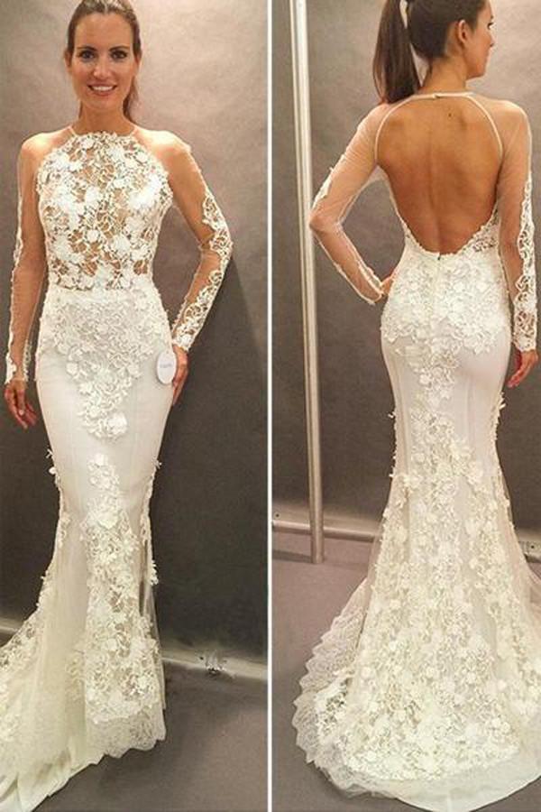 Gorgeous Lace Mermaid Long Sleeve Open Back Wedding Dress Bridal Dresses, MW182