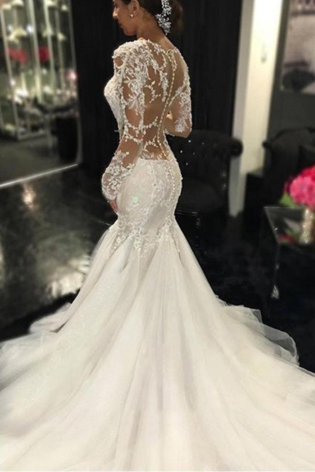 White Long Sleeve Lace See Through Wedding Dress, Elegant Bridal Dresses, MW189